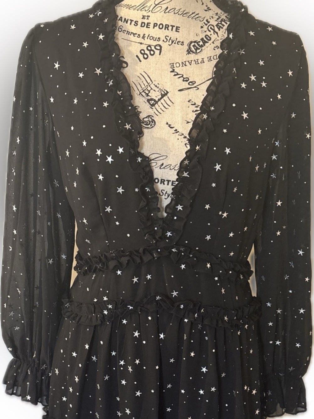 Black Silver Star Print Ruffle Mini Dress Size M Whimsigoth Punk Witchy Baddie